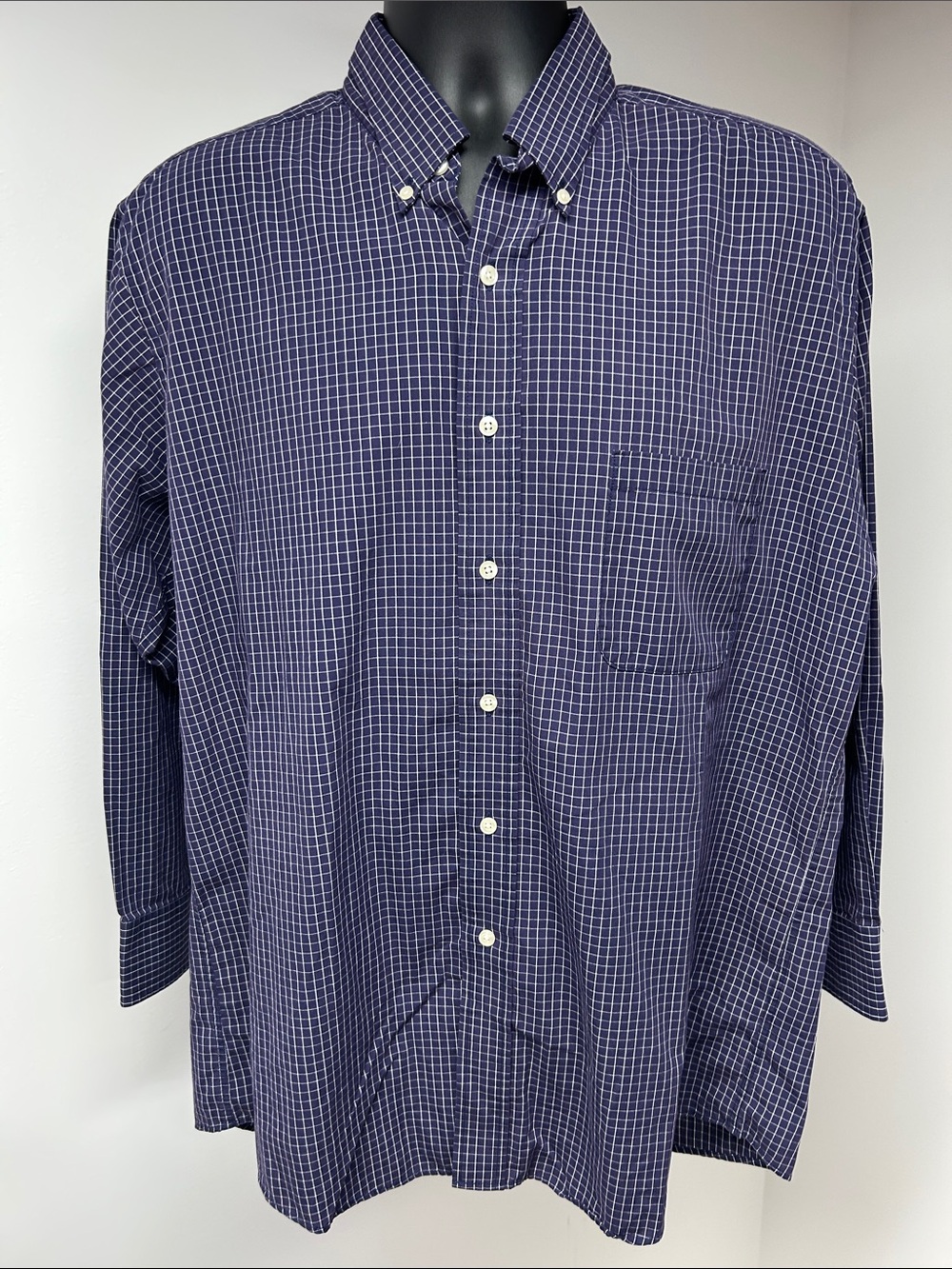 Chaps Mens Large Blue Grid Windowpane Button Down Dress Shirt Wrinkle Free